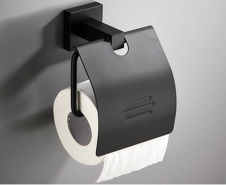Toiletrolhouder mat zwart RVS met klep modern | Sanitopper.nl